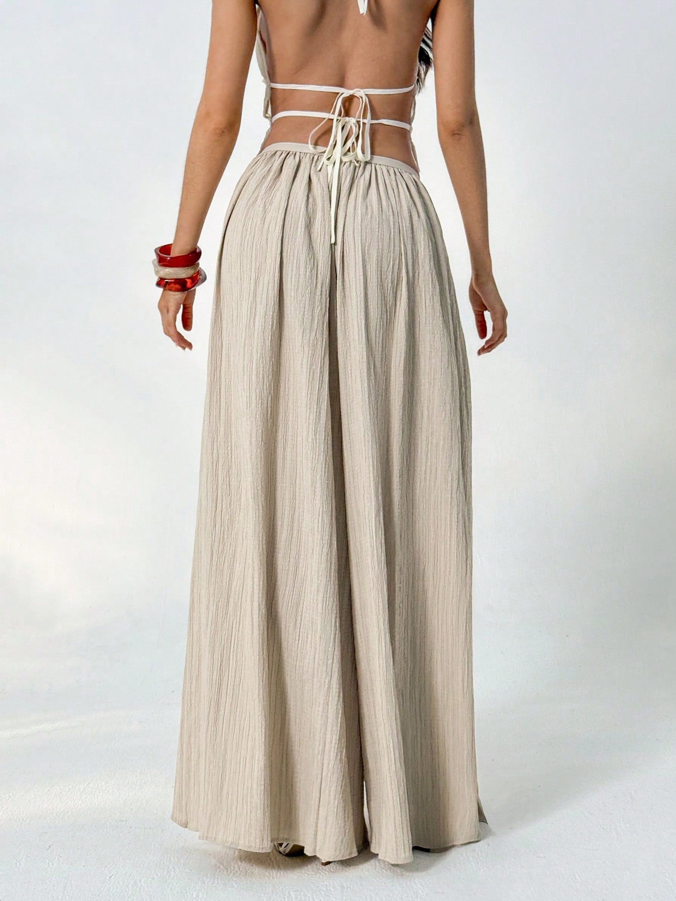 Aloruh Loose Textured Casual Boho Alt Wide Leg Pants, Summer Resort Wear, Fall Women, Vacation Women Beach Vacation Beige