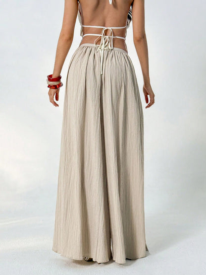 Aloruh Loose Textured Casual Boho Alt Wide Leg Pants, Summer Resort Wear, Fall Women, Vacation Women Beach Vacation Beige