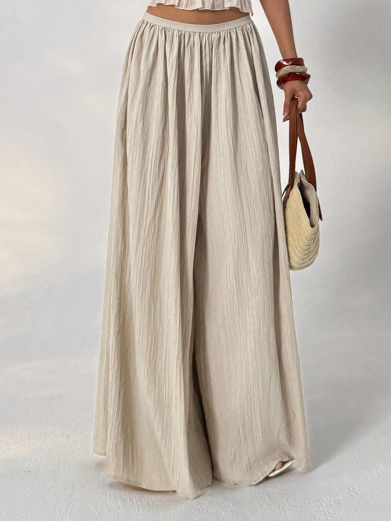 Aloruh Loose Textured Casual Boho Alt Wide Leg Pants, Summer Resort Wear, Fall Women, Vacation Women Beach Vacation Beige