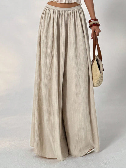 Aloruh Loose Textured Casual Boho Alt Wide Leg Pants, Summer Resort Wear, Fall Women, Vacation Women Beach Vacation Beige