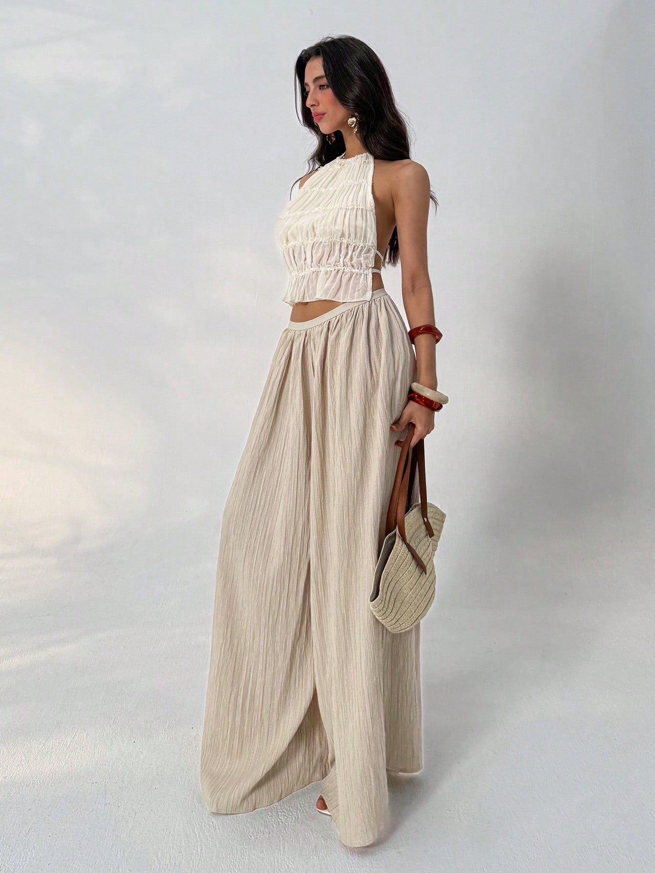 Aloruh Loose Textured Casual Boho Alt Wide Leg Pants, Summer Resort Wear, Fall Women, Vacation Women Beach Vacation Beige