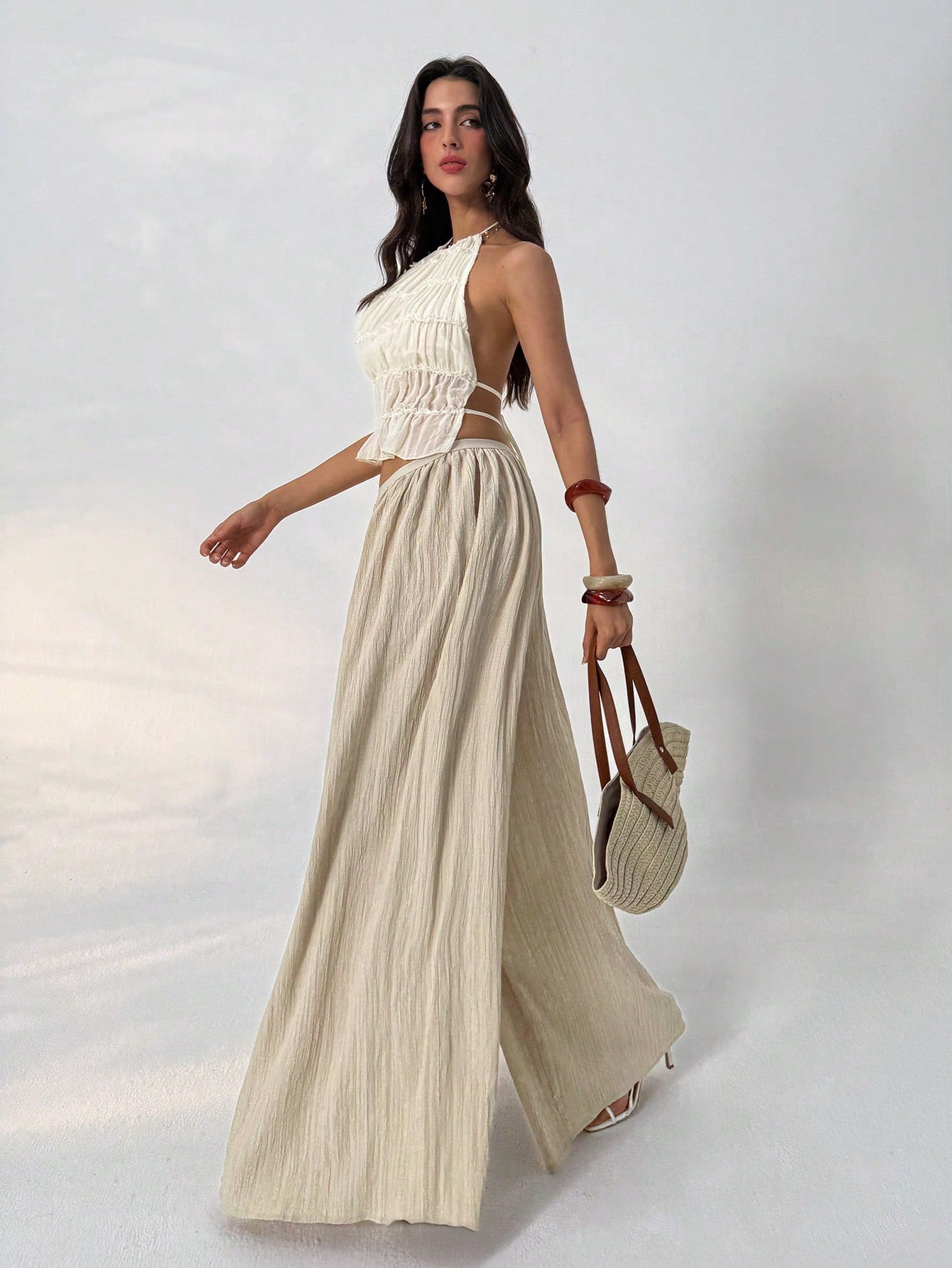 Aloruh Loose Textured Casual Boho Alt Wide Leg Pants, Summer Resort Wear, Fall Women, Vacation Women Beach Vacation Beige