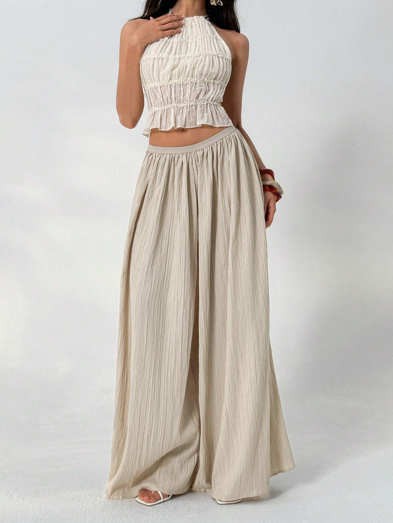 Aloruh Loose Textured Casual Boho Alt Wide Leg Pants, Summer Resort Wear, Fall Women, Vacation Women Beach Vacation Beige