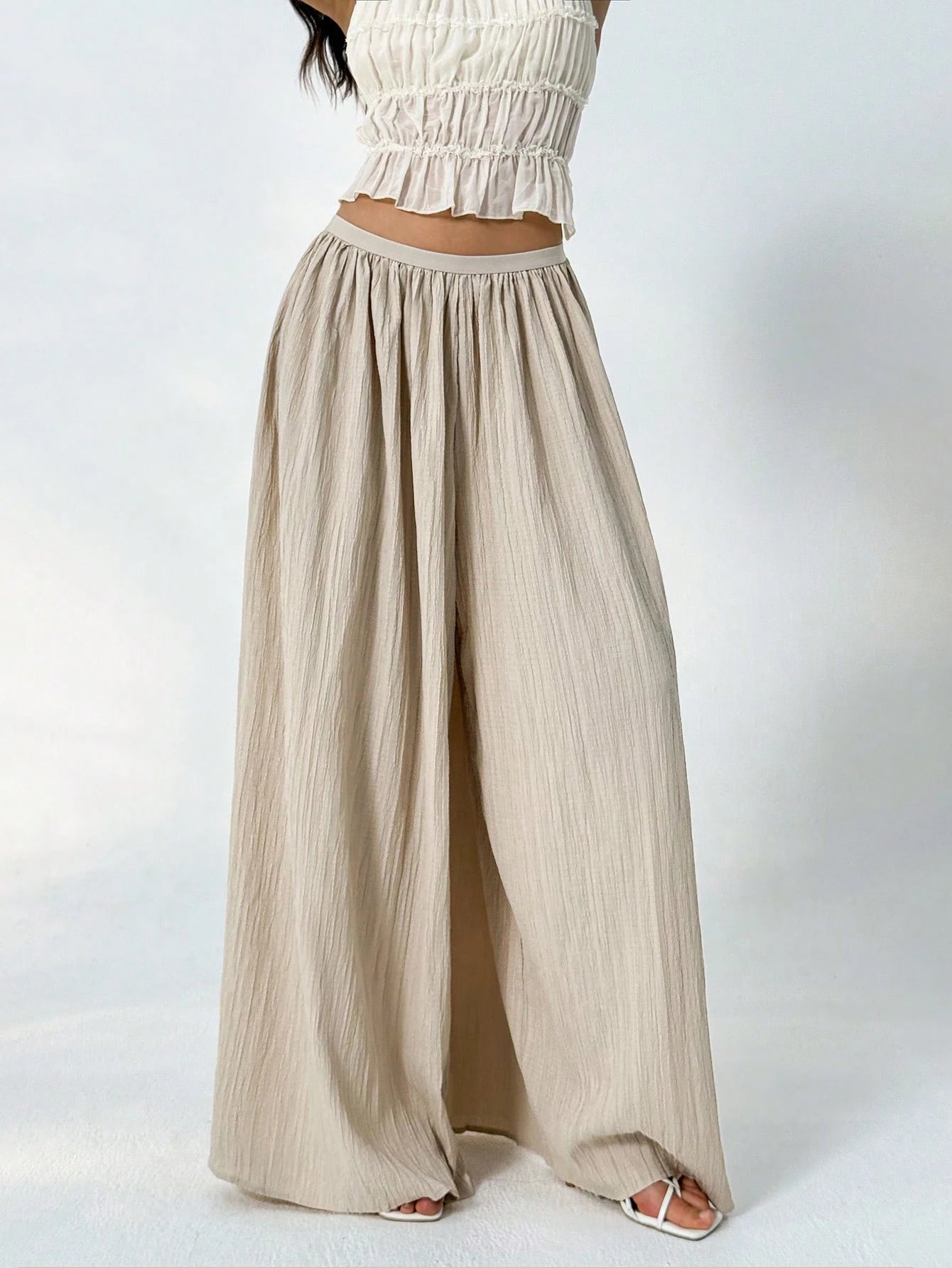 Aloruh Loose Textured Casual Boho Alt Wide Leg Pants, Summer Resort Wear, Fall Women, Vacation Women Beach Vacation Beige