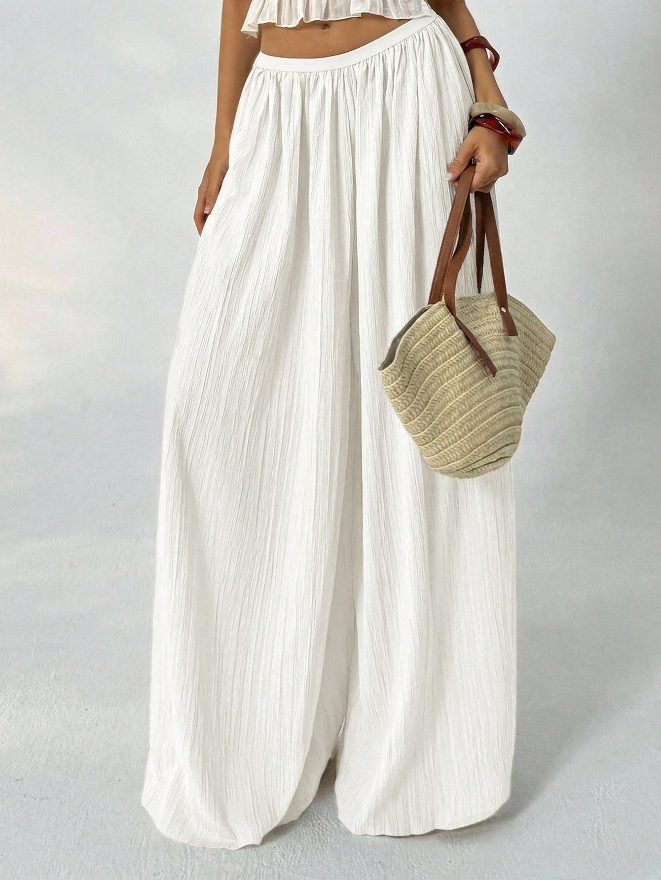 Aloruh Loose Textured Casual Boho Alt Wide Leg Pants, Summer Resort Wear, Fall Women, Vacation Women Beach Vacation Beige