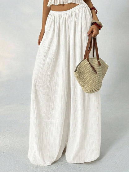 Aloruh Loose Textured Casual Boho Alt Wide Leg Pants, Summer Resort Wear, Fall Women, Vacation Women Beach Vacation Beige