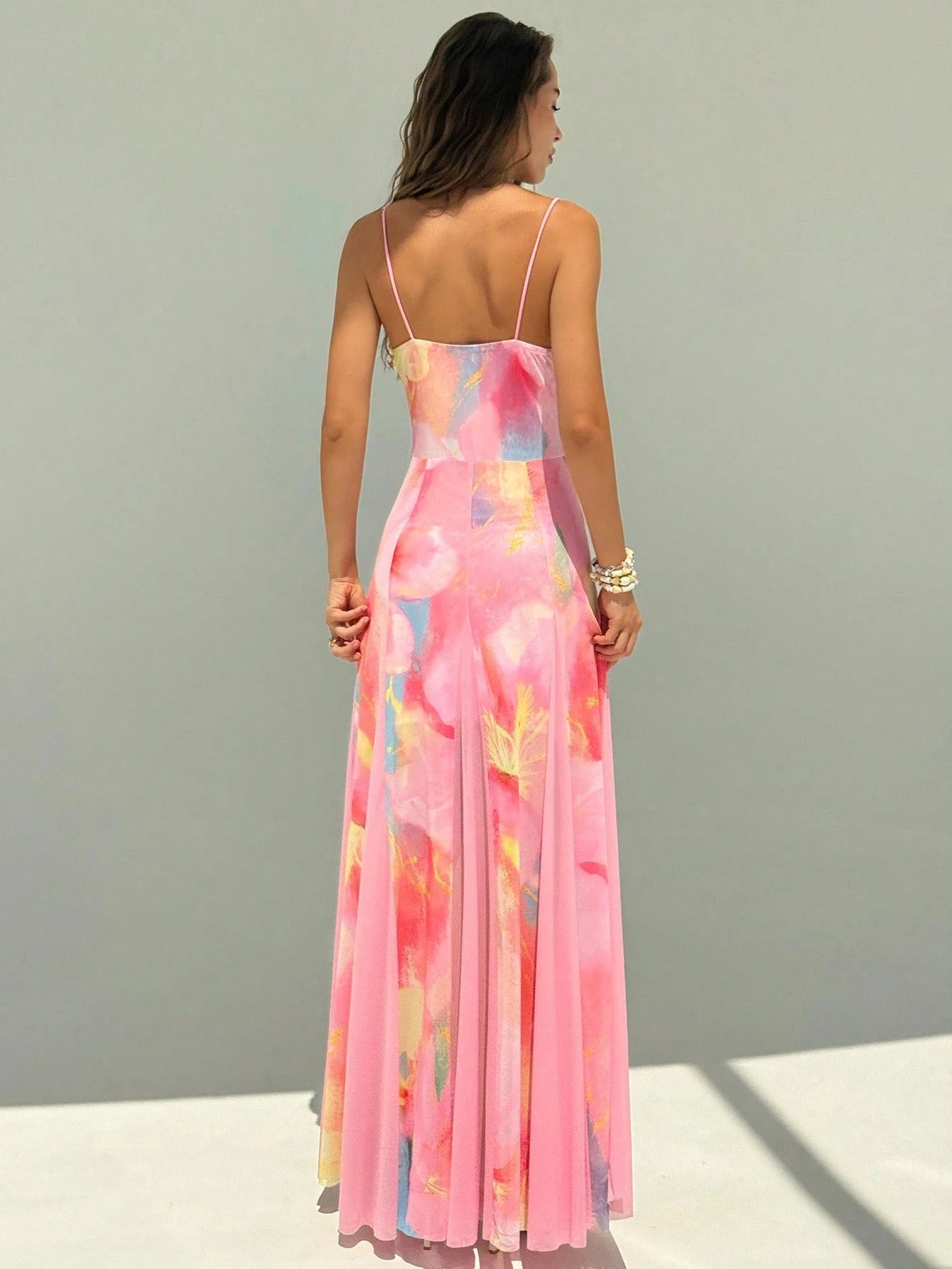 Aloruh New Romantic Vacation Boho Floral Mesh Print Patchwork Shell Ribbon Waist Maxi A-Line Long Dress Party Dresses For Women Summer Dresses