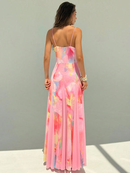 Aloruh New Romantic Vacation Boho Floral Mesh Print Patchwork Shell Ribbon Waist Maxi A-Line Long Dress Party Dresses For Women Summer Dresses