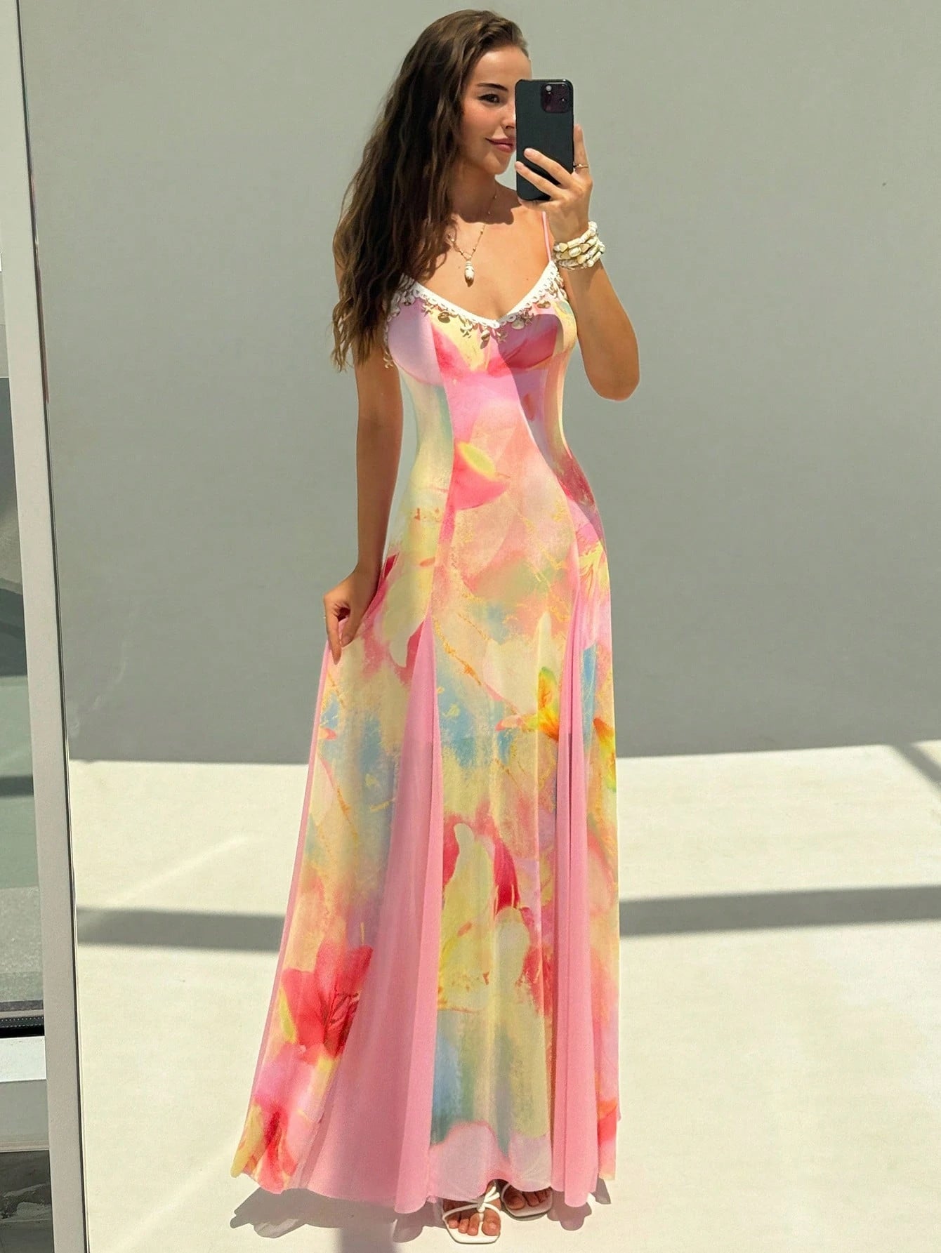 Aloruh New Romantic Vacation Boho Floral Mesh Print Patchwork Shell Ribbon Waist Maxi A-Line Long Dress Party Dresses For Women Summer Dresses
