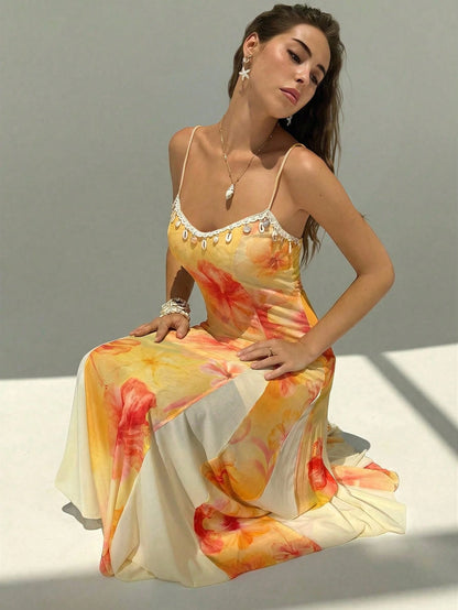 Aloruh New Romantic Vacation Boho Floral Mesh Print Patchwork Shell Ribbon Waist Maxi A-Line Long Dress Party Dresses For Women Summer Dresses