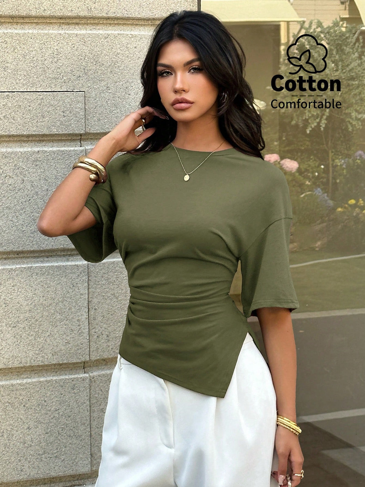 Aloruh Women's Casual Versatile Brown T-Shirt, Summer T-Shirt, Round Neck T-Shirt, Waist Cinched Asymmetric T-Shirt,Summer Top