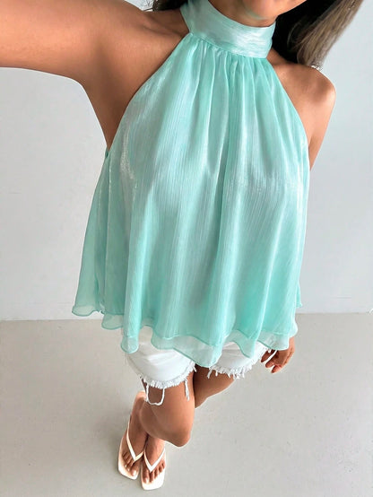 Aloruh Women's Elegant Shiny Pink Backless Top