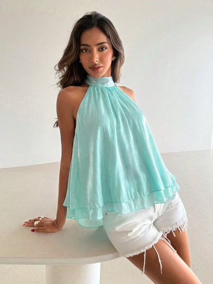 Aloruh Women's Elegant Shiny Pink Backless Top