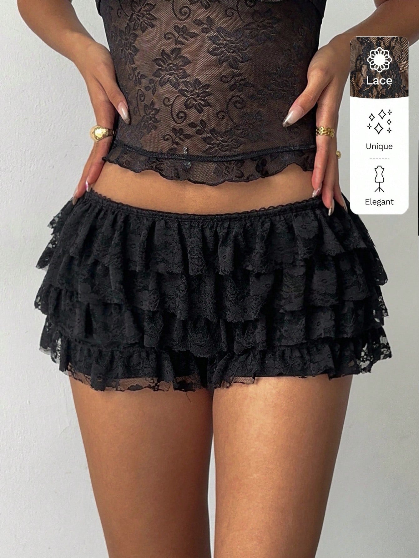 Aloruh Women's Sexy Punk Rock Bohemian Music Festival Y2K Black Lace Tiered Ruffle Super Short Shorts, New Lace Ultra Low Waist Shorts
