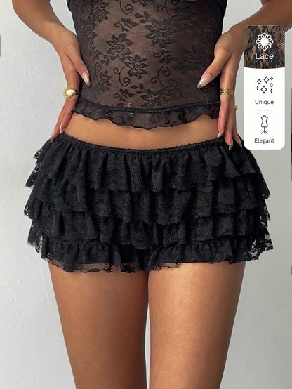 Aloruh Women's Sexy Punk Rock Bohemian Music Festival Y2K Black Lace Tiered Ruffle Super Short Shorts, New Lace Ultra Low Waist Shorts