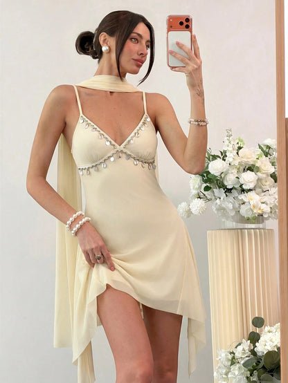 Aloruh Women's Shell Trim Fashionable Boho Spaghetti Strap Mini Dress Beach Light Yellow Summer, Graduation Clothing