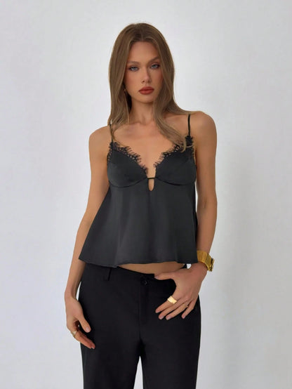 Aloruh Women's Solid Black Lace Trim Camisole, Spring/Summer,Summer Top Night Out Date Night Sexy
