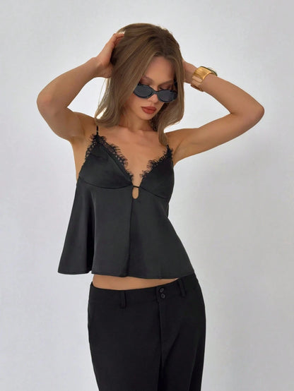Aloruh Women's Solid Black Lace Trim Camisole, Spring/Summer,Summer Top Night Out Date Night Sexy