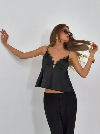 Aloruh Women's Solid Black Lace Trim Camisole, Spring/Summer,Summer Top Night Out Date Night Sexy
