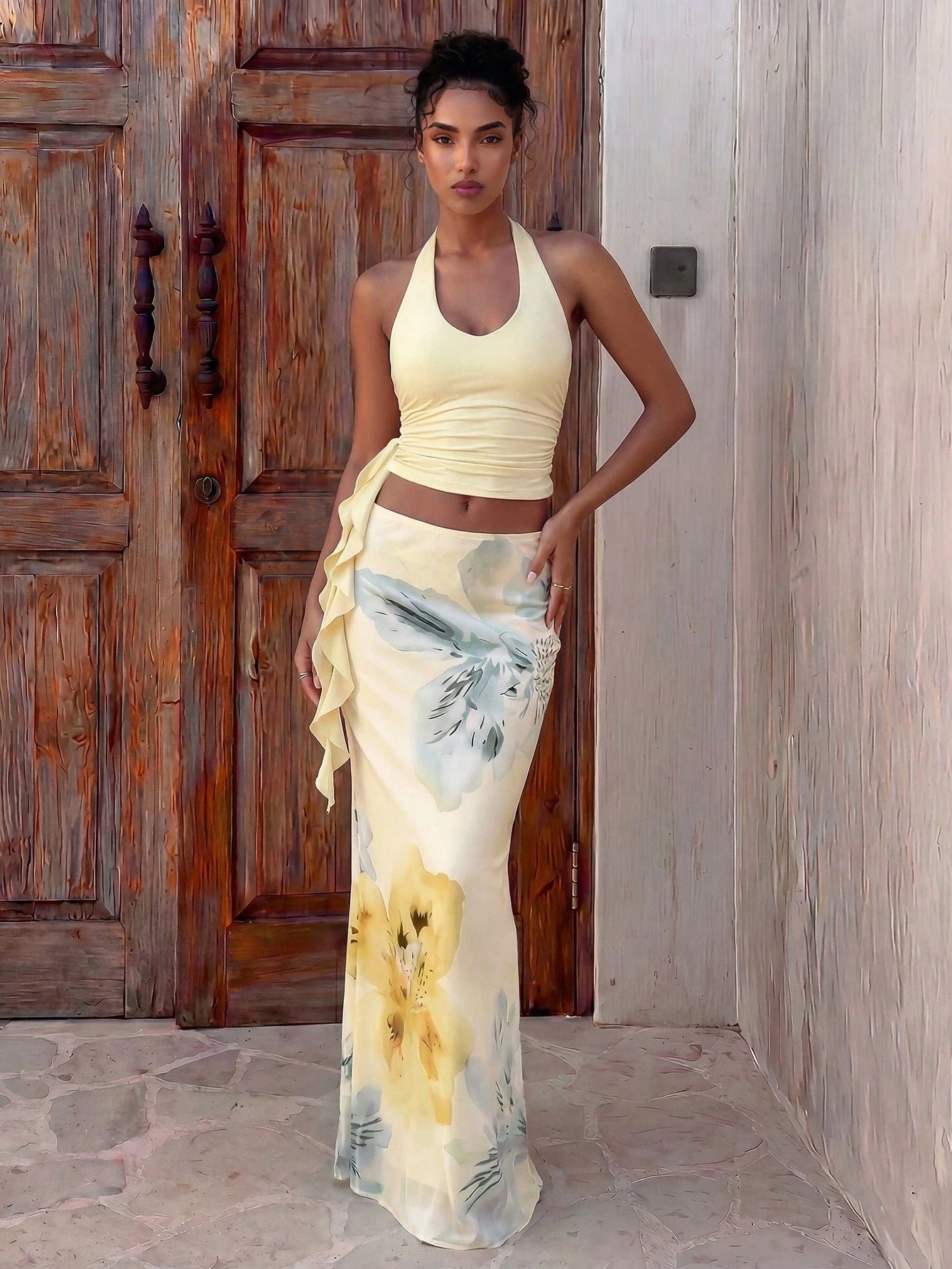 Aloruh Women's Summer Vacation Outfit: Tropical Floral Print Draped Neck Crop Top And Mermaid Ruffle Skirt Sexy Set. Summer Beachwear, Bohemian Tropical Vacation Women's Wear, Floral Mesh Women's Beac