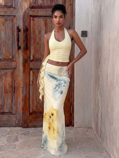 Aloruh Women's Summer Vacation Outfit: Tropical Floral Print Draped Neck Crop Top And Mermaid Ruffle Skirt Sexy Set. Summer Beachwear, Bohemian Tropical Vacation Women's Wear, Floral Mesh Women's Beac