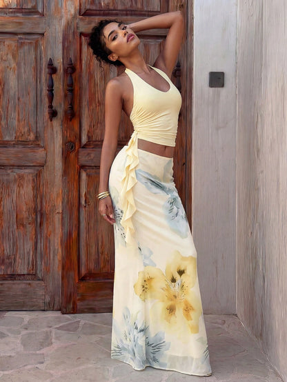 Aloruh Women's Summer Vacation Outfit: Tropical Floral Print Draped Neck Crop Top And Mermaid Ruffle Skirt Sexy Set. Summer Beachwear, Bohemian Tropical Vacation Women's Wear, Floral Mesh Women's Beac