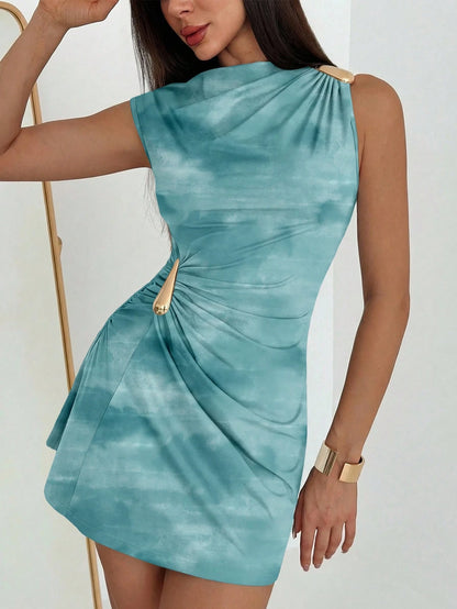 Aloruh Women's Teal Blue Metal Decor Ruched Hem Midi Dress,Dresses For Women Summer Beach Going Out Vacation Sexy Tropical