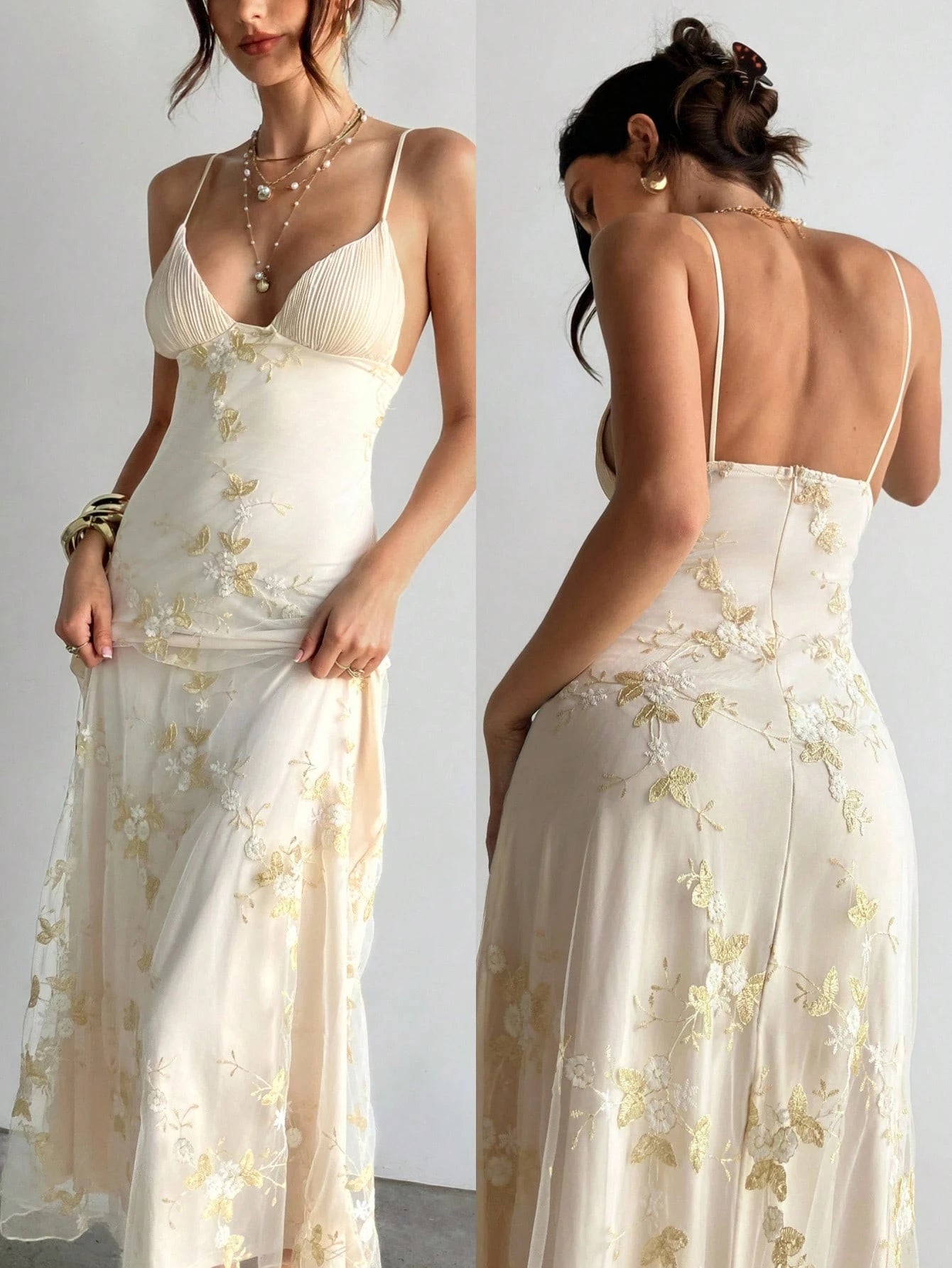 Aloruh Women's White Floral Elegant Party Maxi Dress, Deep V Ruched Bust Embroidered Fitted Waist Summer Wedding Guest Dress Island Vacation Outfits