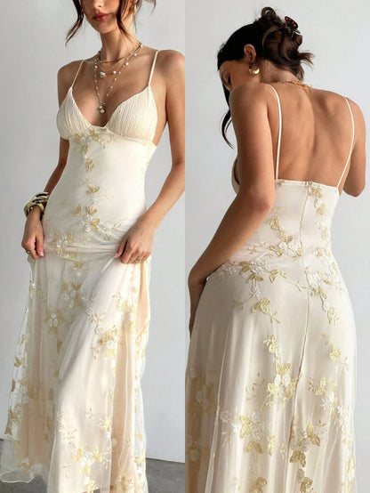 Aloruh Women's White Floral Elegant Party Maxi Dress, Deep V Ruched Bust Embroidered Fitted Waist Summer Wedding Guest Dress Island Vacation Outfits