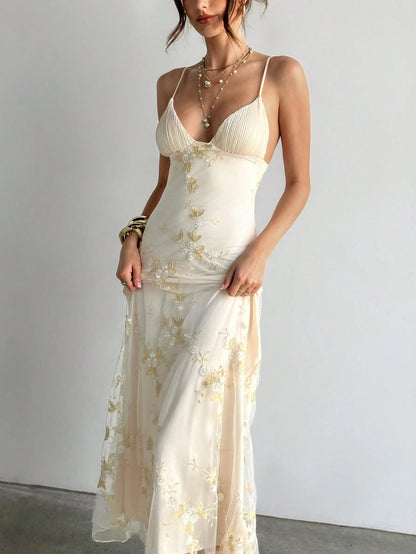 Aloruh Women's White Floral Elegant Party Maxi Dress, Deep V Ruched Bust Embroidered Fitted Waist Summer Wedding Guest Dress Island Vacation Outfits