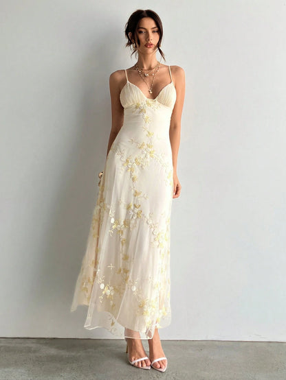 Aloruh Women's White Floral Elegant Party Maxi Dress, Deep V Ruched Bust Embroidered Fitted Waist Summer Wedding Guest Dress Island Vacation Outfits