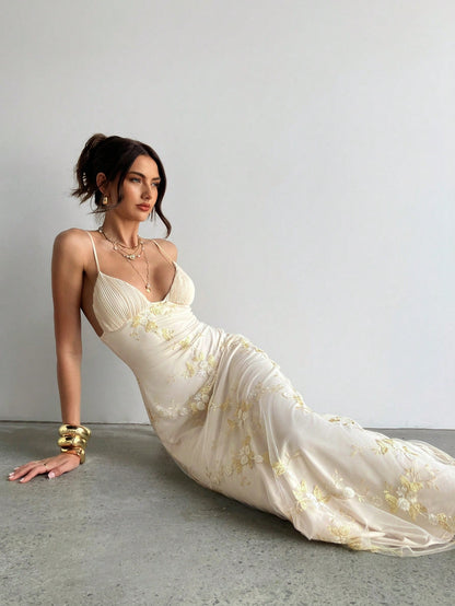 Aloruh Women's White Floral Elegant Party Maxi Dress, Deep V Ruched Bust Embroidered Fitted Waist Summer Wedding Guest Dress Island Vacation Outfits