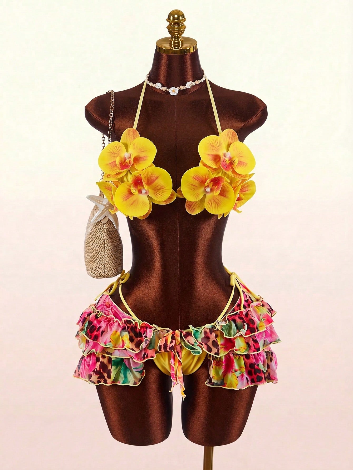 Amplova 3pcs Women's Swimsuit Set With 3D Floral Butterfly Orchid Cups,Ruffle Hem Coverup,Yellow Summer Casual Holiday Vacation Beach Festival Outfits