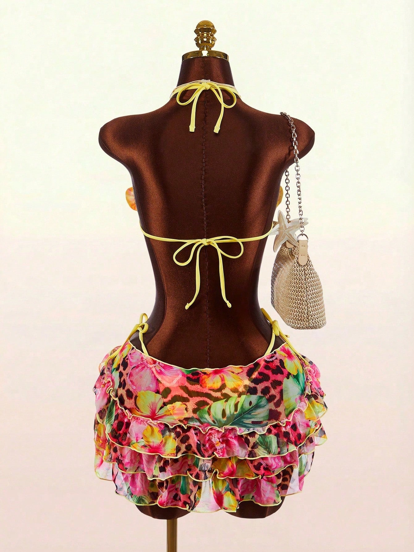 Amplova 3pcs Women's Swimsuit Set With 3D Floral Butterfly Orchid Cups,Ruffle Hem Coverup,Yellow Summer Casual Holiday Vacation Beach Festival Outfits