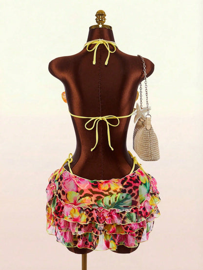 Amplova 3pcs Women's Swimsuit Set With 3D Floral Butterfly Orchid Cups,Ruffle Hem Coverup,Yellow Summer Casual Holiday Vacation Beach Festival Outfits