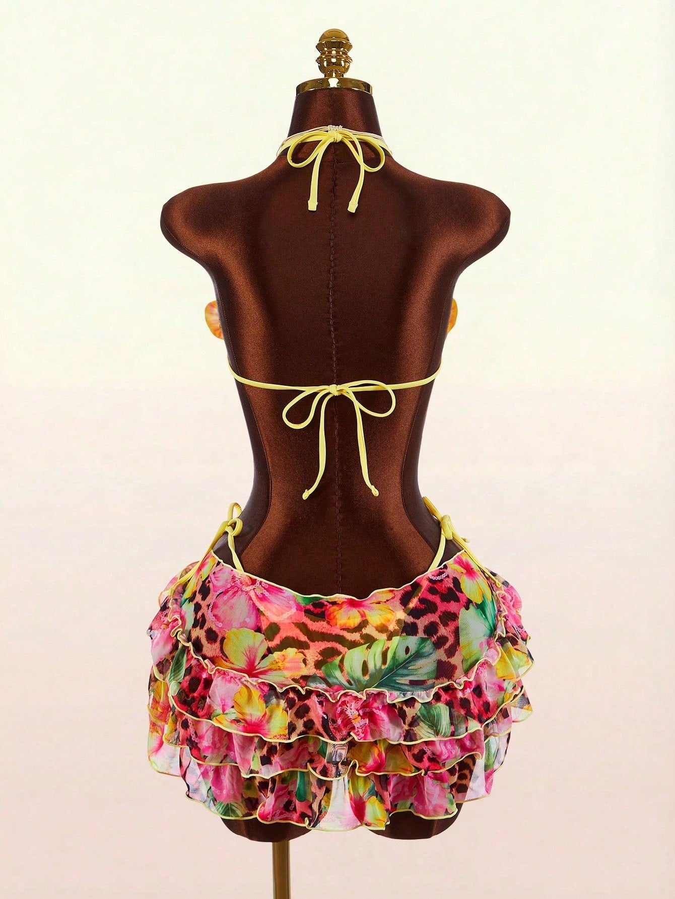 Amplova 3pcs Women's Swimsuit Set With 3D Floral Butterfly Orchid Cups,Ruffle Hem Coverup,Yellow Summer Casual Holiday Vacation Beach Festival Outfits