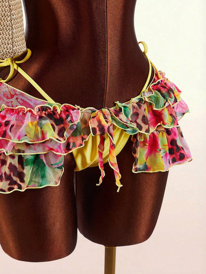 Amplova 3pcs Women's Swimsuit Set With 3D Floral Butterfly Orchid Cups,Ruffle Hem Coverup,Yellow Summer Casual Holiday Vacation Beach Festival Outfits