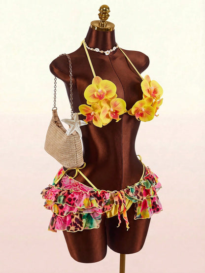 Amplova 3pcs Women's Swimsuit Set With 3D Floral Butterfly Orchid Cups,Ruffle Hem Coverup,Yellow Summer Casual Holiday Vacation Beach Festival Outfits