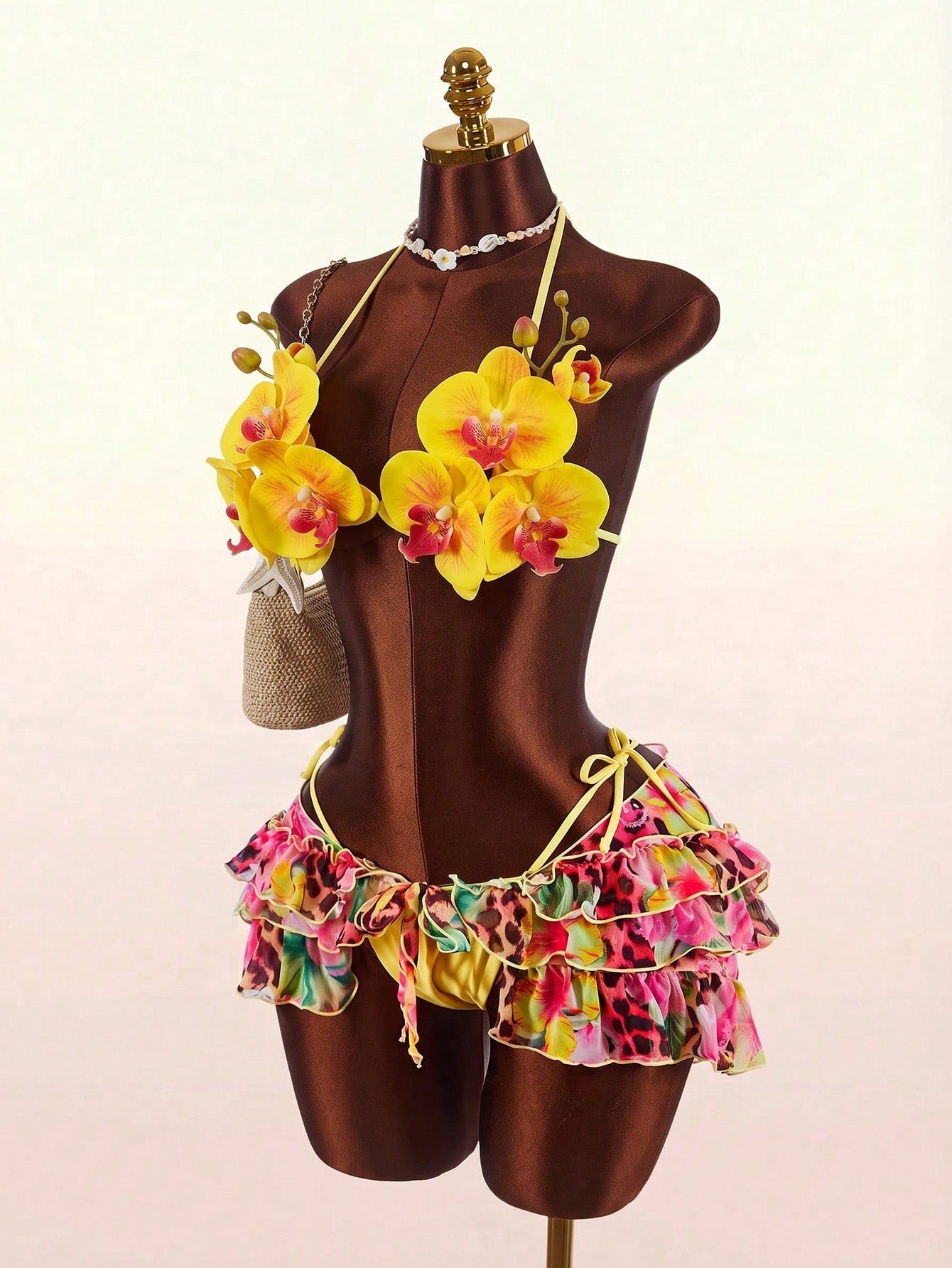 Amplova 3pcs Women's Swimsuit Set With 3D Floral Butterfly Orchid Cups,Ruffle Hem Coverup,Yellow Summer Casual Holiday Vacation Beach Festival Outfits