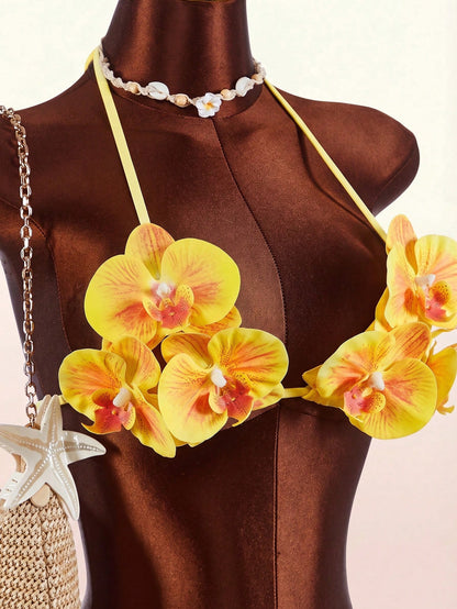 Amplova 3pcs Women's Swimsuit Set With 3D Floral Butterfly Orchid Cups,Ruffle Hem Coverup,Yellow Summer Casual Holiday Vacation Beach Festival Outfits