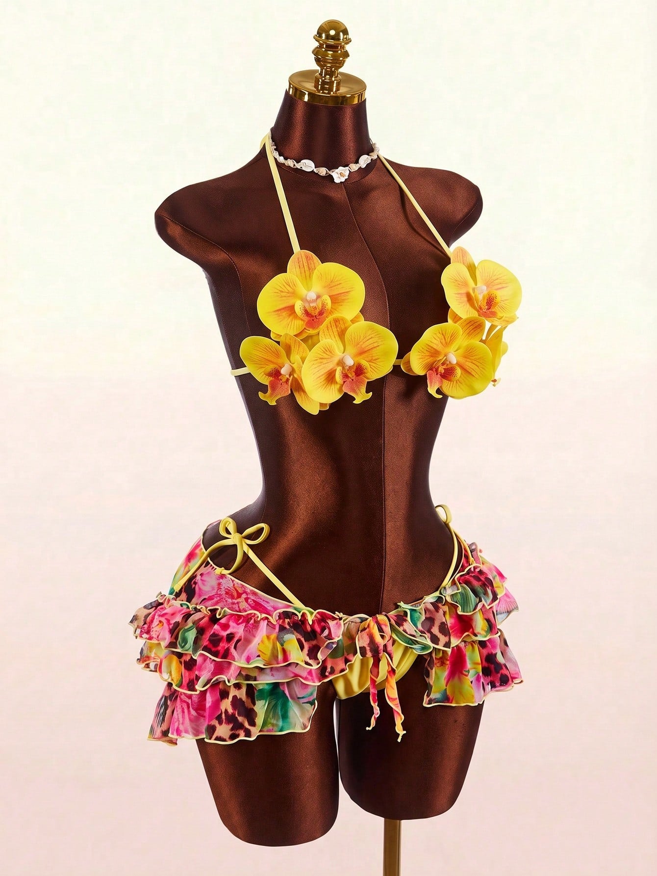 Amplova 3pcs Women's Swimsuit Set With 3D Floral Butterfly Orchid Cups,Ruffle Hem Coverup,Yellow Summer Casual Holiday Vacation Beach Festival Outfits