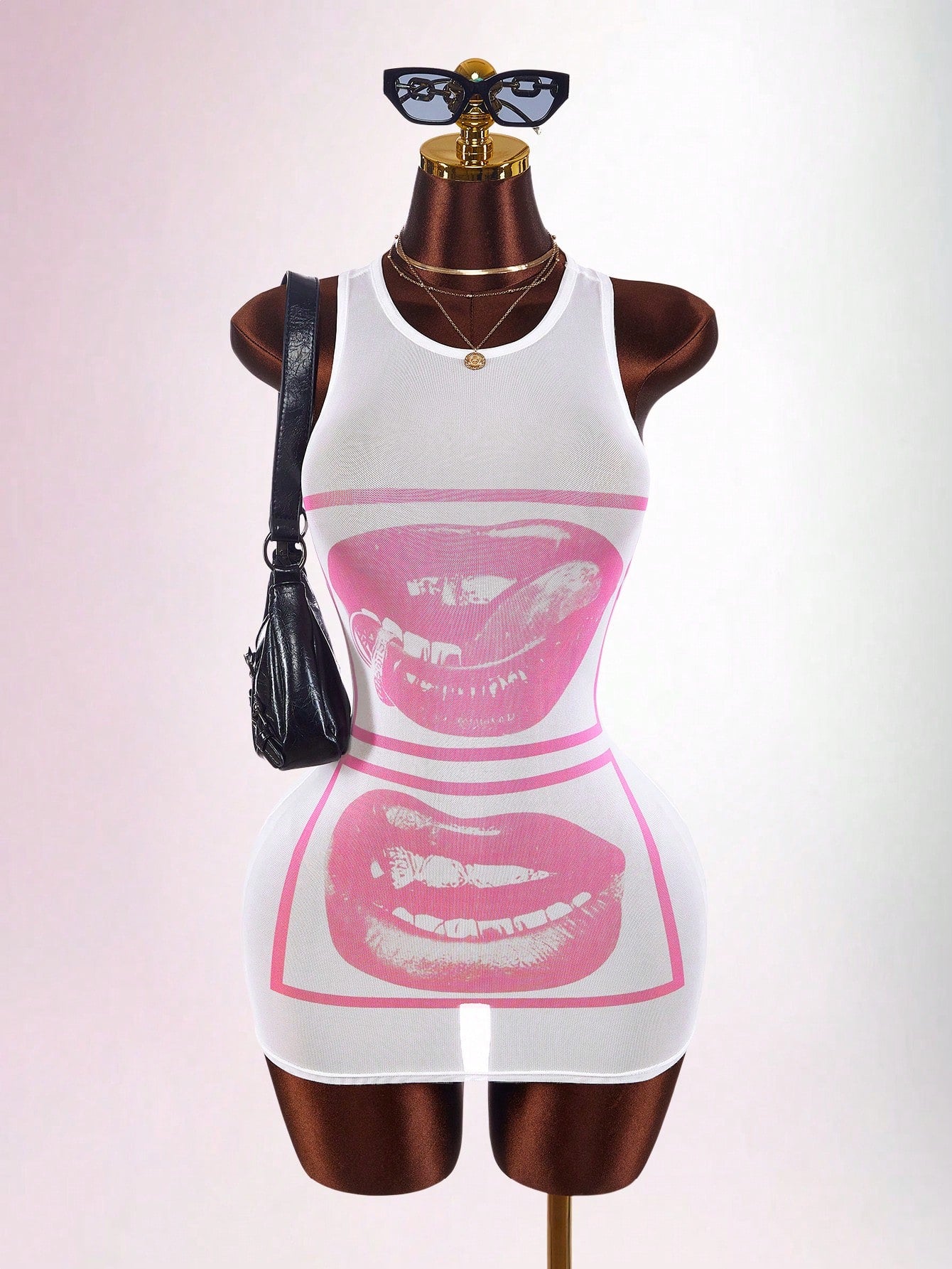 Amplova Face & Lip Print Sheer Bodycon Mini Dress,Summer Dresses For Women