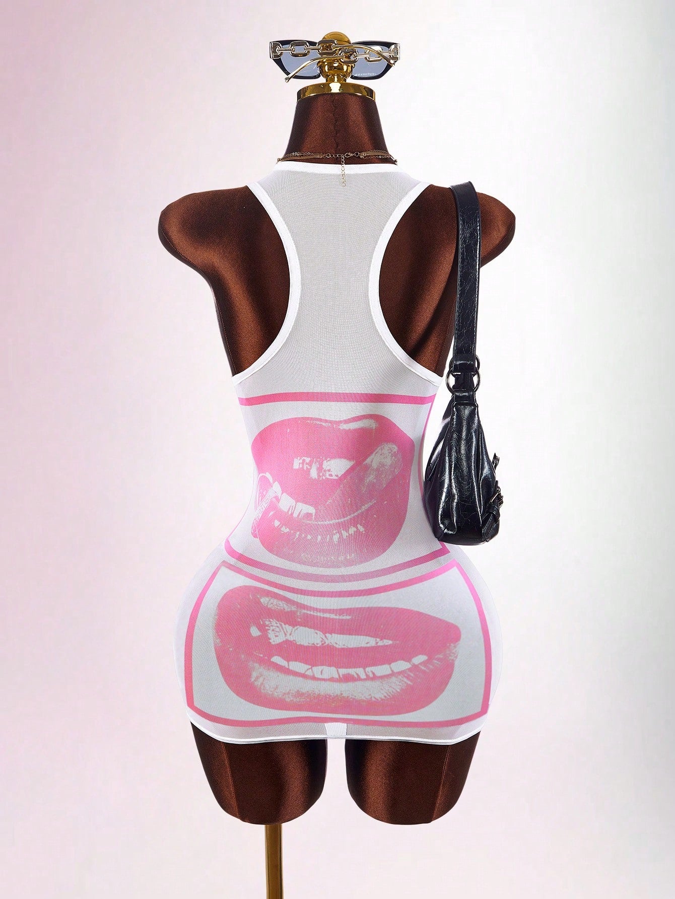 Amplova Face & Lip Print Sheer Bodycon Mini Dress,Summer Dresses For Women