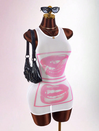 Amplova Face & Lip Print Sheer Bodycon Mini Dress,Summer Dresses For Women