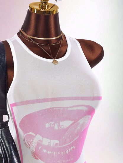 Amplova Face & Lip Print Sheer Bodycon Mini Dress,Summer Dresses For Women