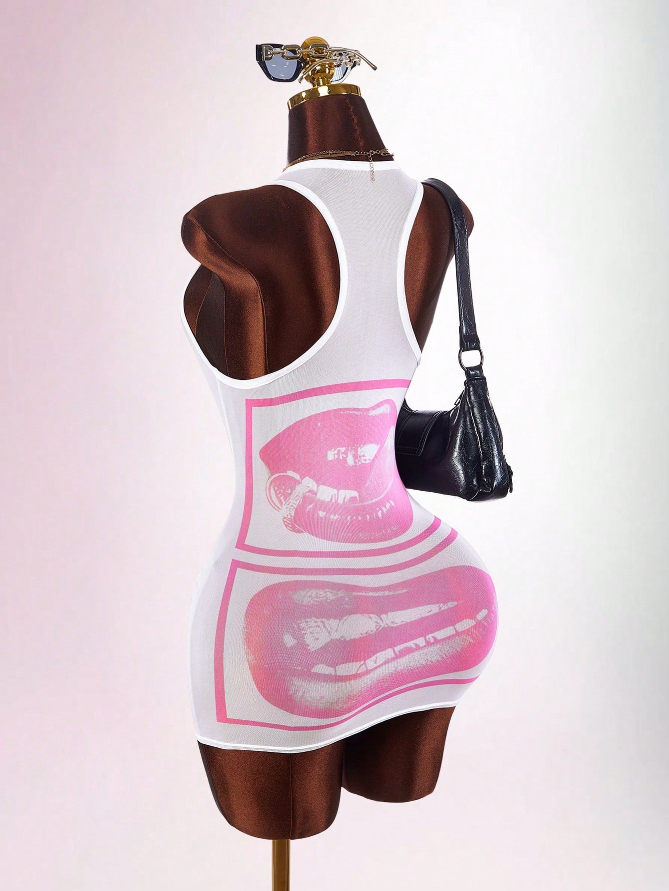 Amplova Face & Lip Print Sheer Bodycon Mini Dress,Summer Dresses For Women