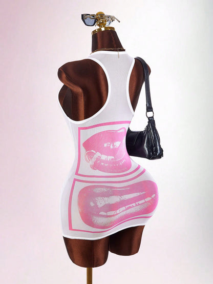 Amplova Face & Lip Print Sheer Bodycon Mini Dress,Summer Dresses For Women