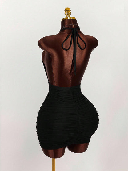 Amplova Vintage Earthy Tone Beaded Design Low-Cut Mini Party Dress Club Black Night Out Dresses Cocktail For Women