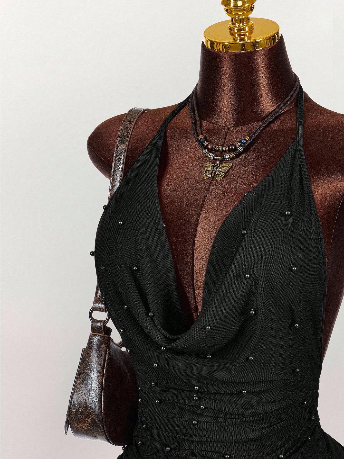 Amplova Vintage Earthy Tone Beaded Design Low-Cut Mini Party Dress Club Black Night Out Dresses Cocktail For Women