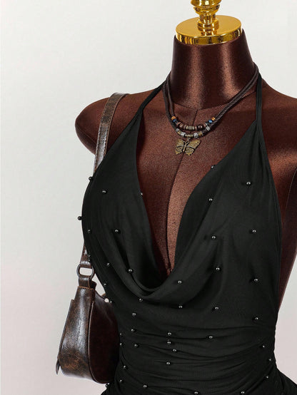 Amplova Vintage Earthy Tone Beaded Design Low-Cut Mini Party Dress Club Black Night Out Dresses Cocktail For Women